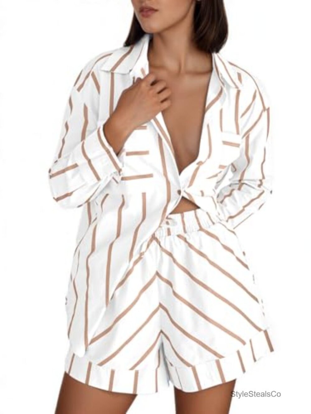 Striped Button Down Shirt and Shorts Lounge Matching Set